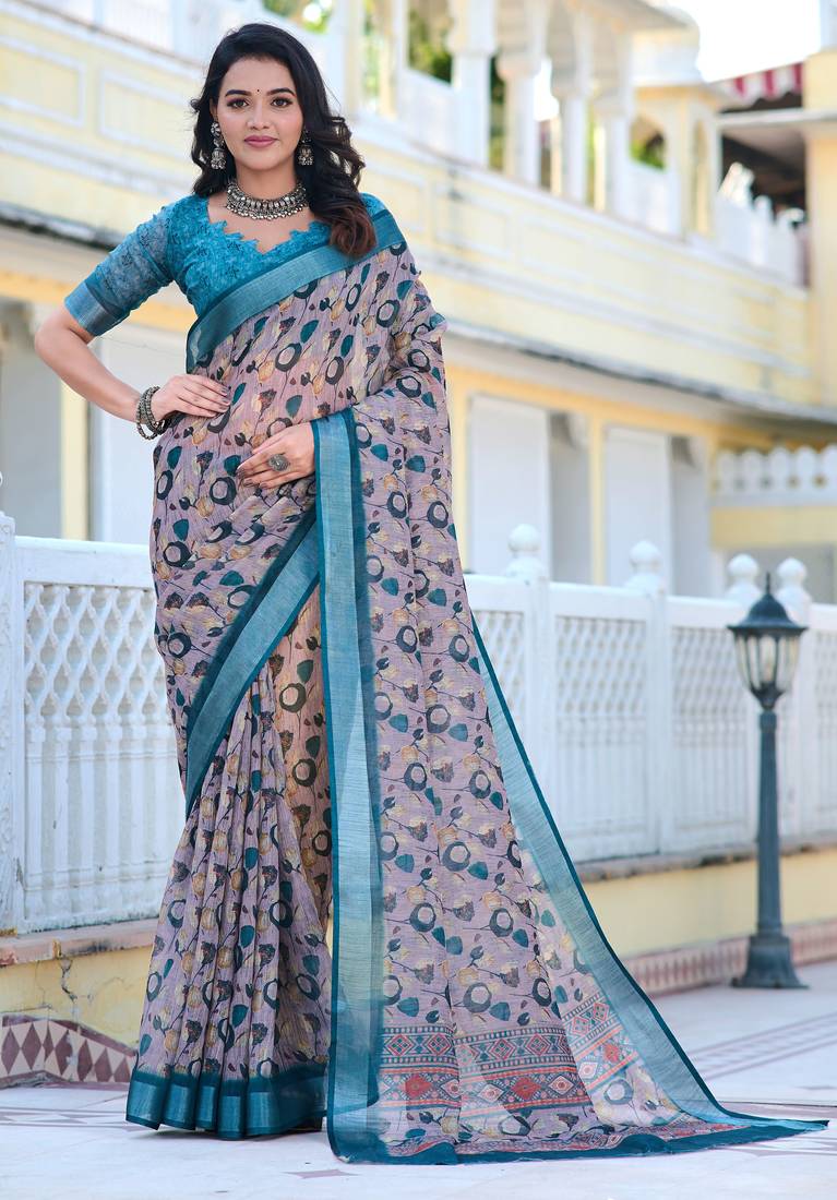 grey blue cotton blend saree with floral print