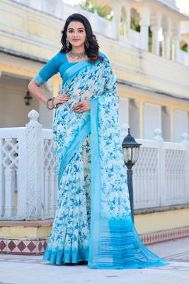 white blue cotton blend digital print saree (sfcl542) 3