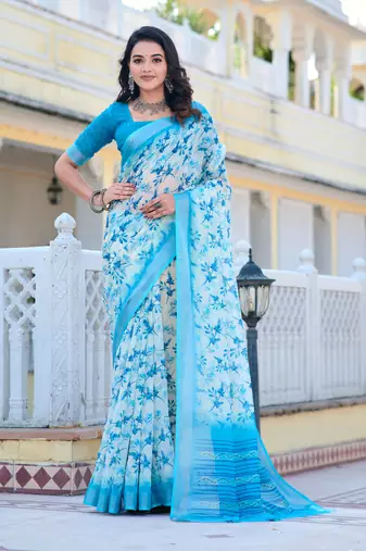 white blue cotton blend digital print saree
