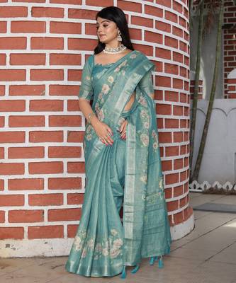 sea green multicolor shimmer handloom cotton blend saree with floral print 3