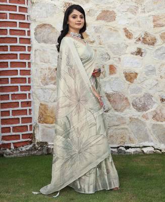 cream multicolor shimmer handloom cotton blend saree with floral border print 3