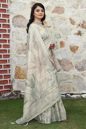 cream multicolor shimmer handloom cotton blend saree with floral border print