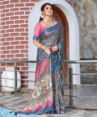 teal pink shimmer handloom cotton blend saree floral print 3