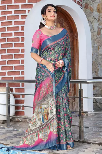 teal pink shimmer handloom cotton blend saree floral print