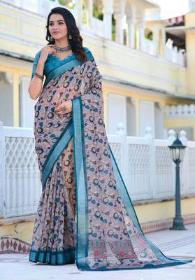 grey blue cotton blend saree with floral print 2