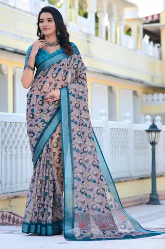 grey blue cotton blend saree with floral print