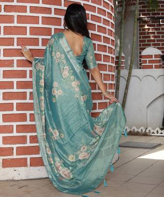 sea green multicolor shimmer handloom cotton blend saree with floral print 4