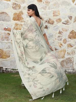 cream multicolor shimmer handloom cotton blend saree with floral border print 4