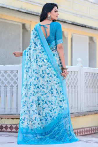 white blue cotton blend digital print saree