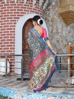 teal pink shimmer handloom cotton blend saree floral print 4