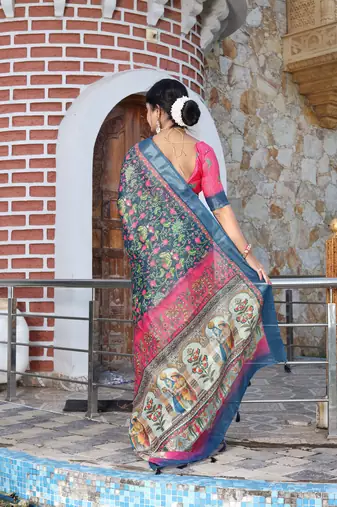 teal pink shimmer handloom cotton blend saree floral print