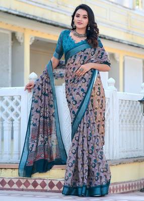 grey blue cotton blend saree with floral print 3