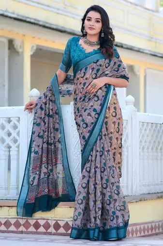 grey blue cotton blend saree with floral print