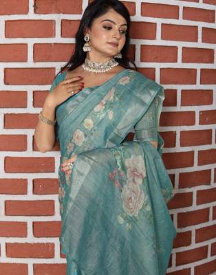 sea green multicolor shimmer handloom cotton blend saree with floral print 5
