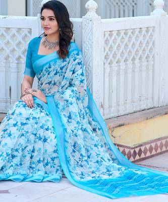 white blue cotton blend digital print saree (sfcl542) 5