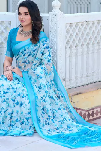 white blue cotton blend digital print saree