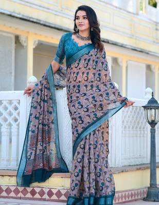 grey blue cotton blend saree with floral print 4