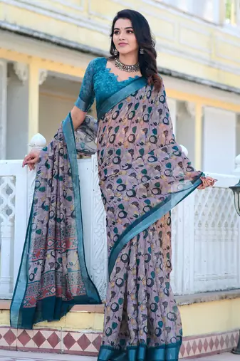 grey blue cotton blend saree with floral print