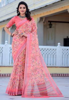 pink cotton blend saree floral print 2