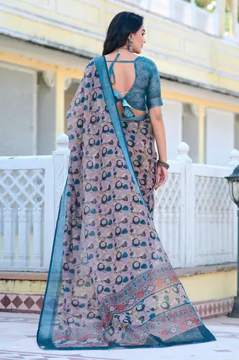 grey blue cotton blend saree with floral print