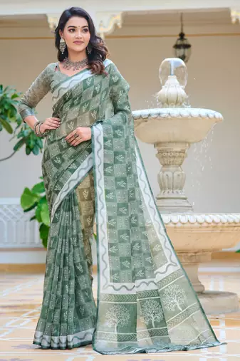 sea green cotton blend saree floral print