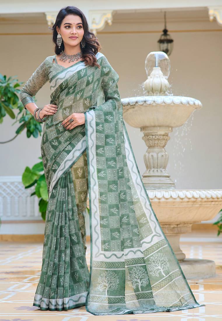 sea green cotton blend saree floral print