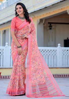 pink cotton blend saree floral print 3