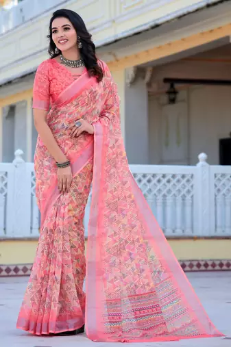 pink cotton blend saree floral print