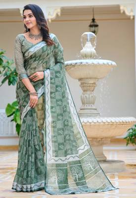 sea green cotton blend saree floral print 2