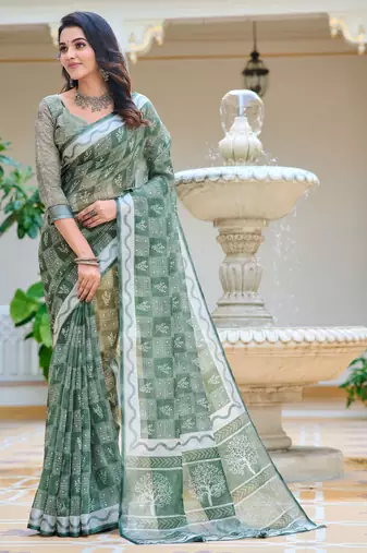 sea green cotton blend saree floral print