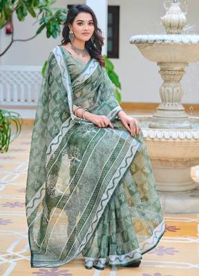 sea green cotton blend saree floral print 3