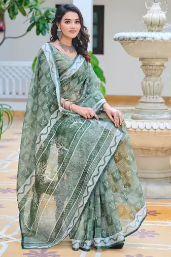 sea green cotton blend saree floral print