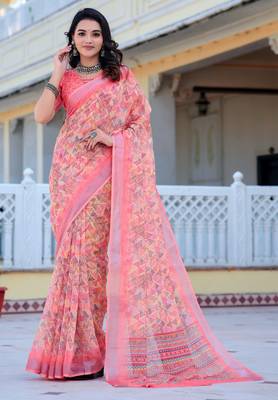 pink cotton blend saree floral print 4