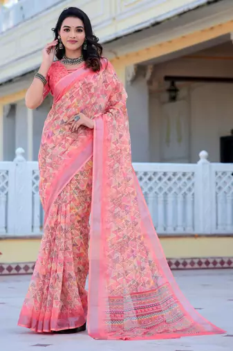 pink cotton blend saree floral print