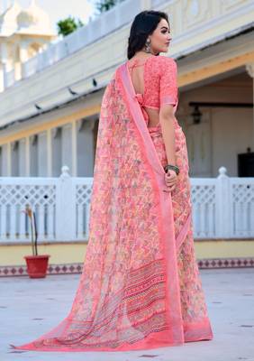 pink cotton blend saree floral print 5