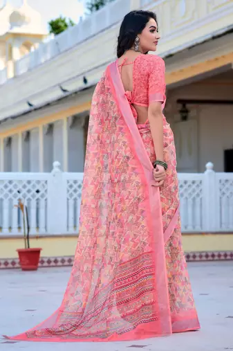 pink cotton blend saree floral print