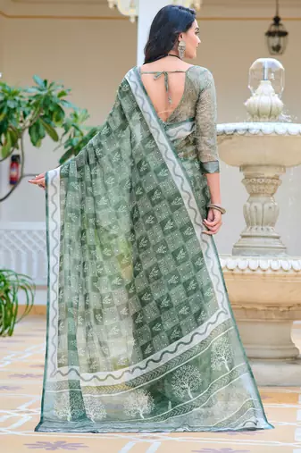 sea green cotton blend saree floral print