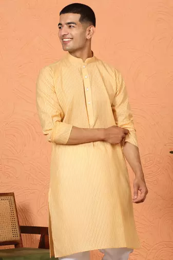 Cotton stripe knee length beige kurta