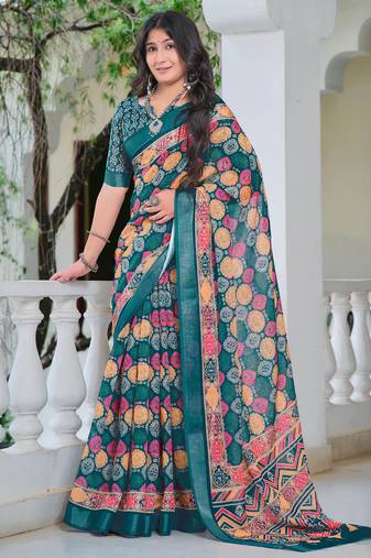 teal cotton blend digital print saree