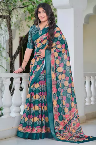 teal cotton blend digital print saree