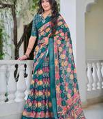 teal cotton blend digital print saree (sfcl536)