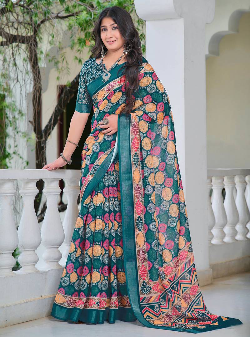 teal cotton blend digital print saree (sfcl536)