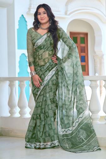 green cotton blend saree with floral print