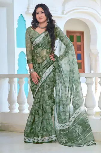 green cotton blend saree with floral print