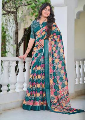 teal cotton blend digital print saree (sfcl536) 2