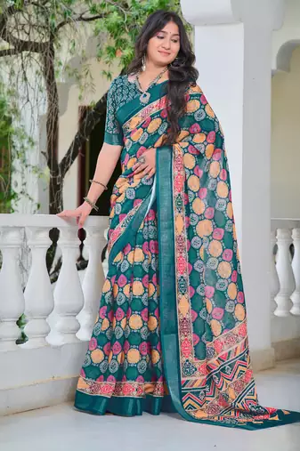 teal cotton blend digital print saree