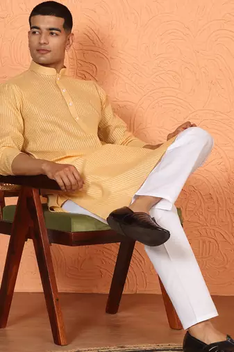 Cotton stripe knee length beige kurta