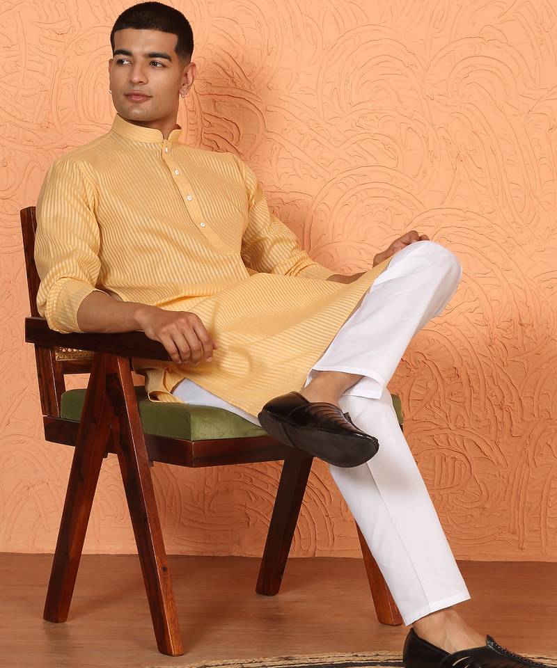 Cotton stripe knee length beige kurta