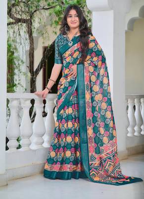 teal cotton blend digital print saree (sfcl536) 3