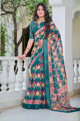 teal cotton blend digital print saree
